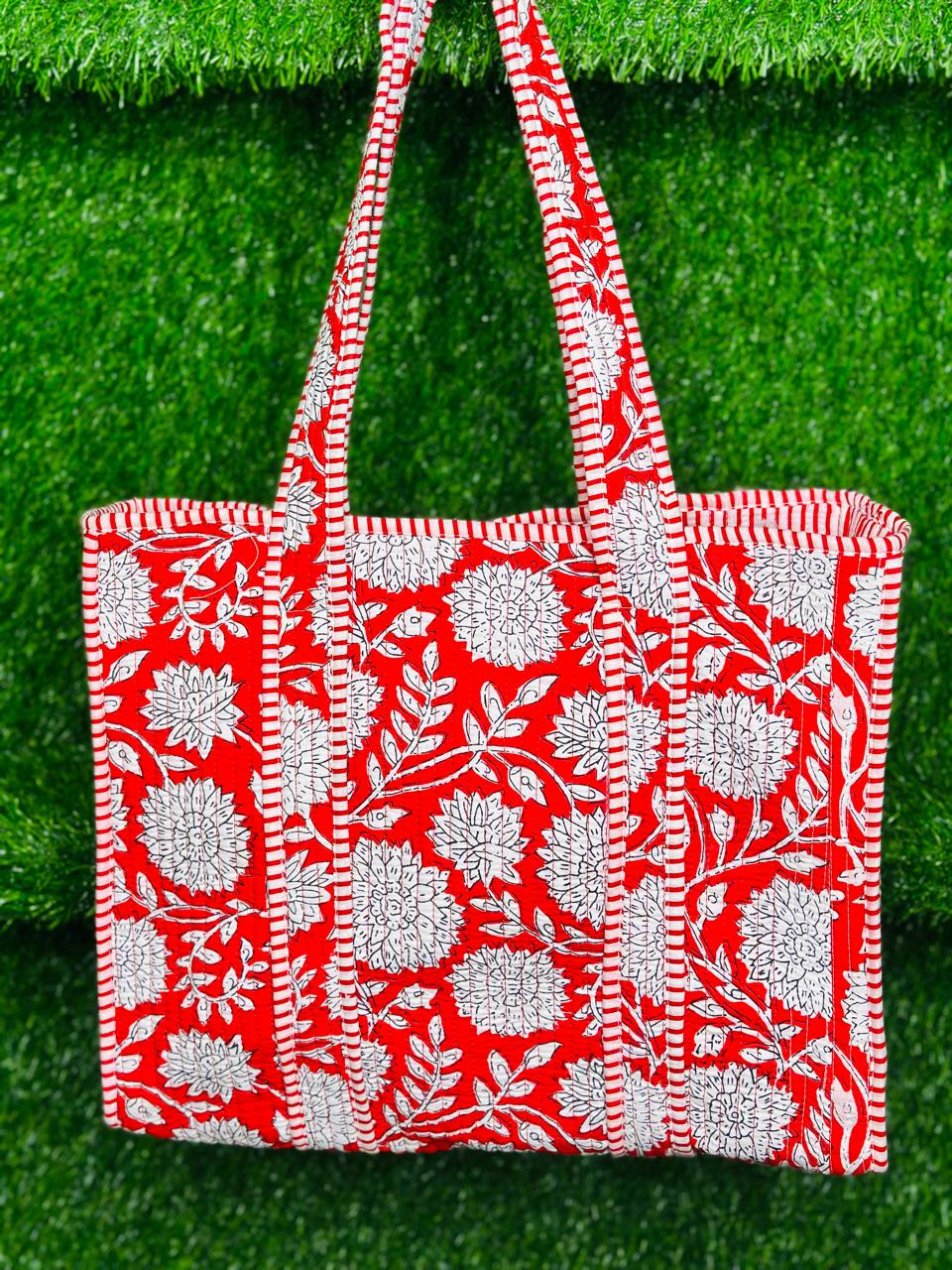Red Flower Print Handmade Tote Bags Shoulder and Shopping bags