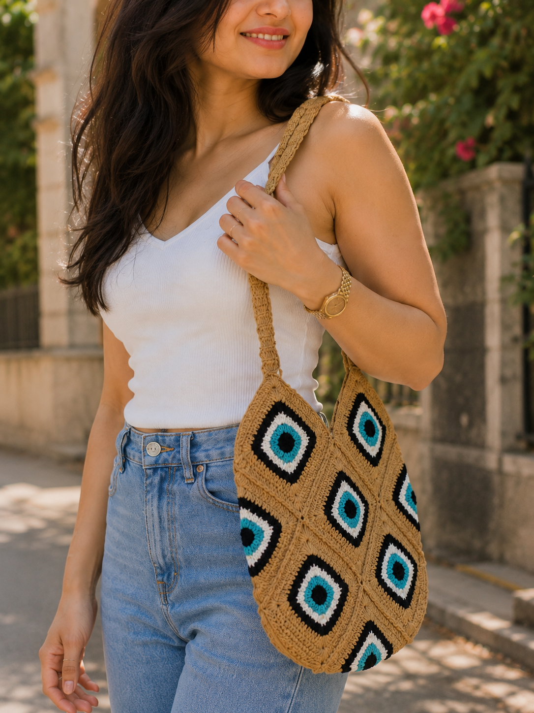 Evil Eye Crochet shoulder Bag Boho beach tote bag