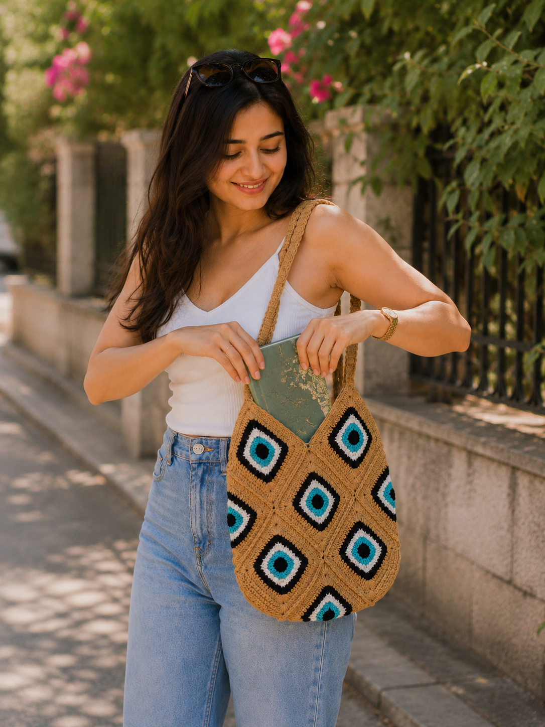 Image of Evil Eye Crochet shoulder Bag Boho beach tote bag