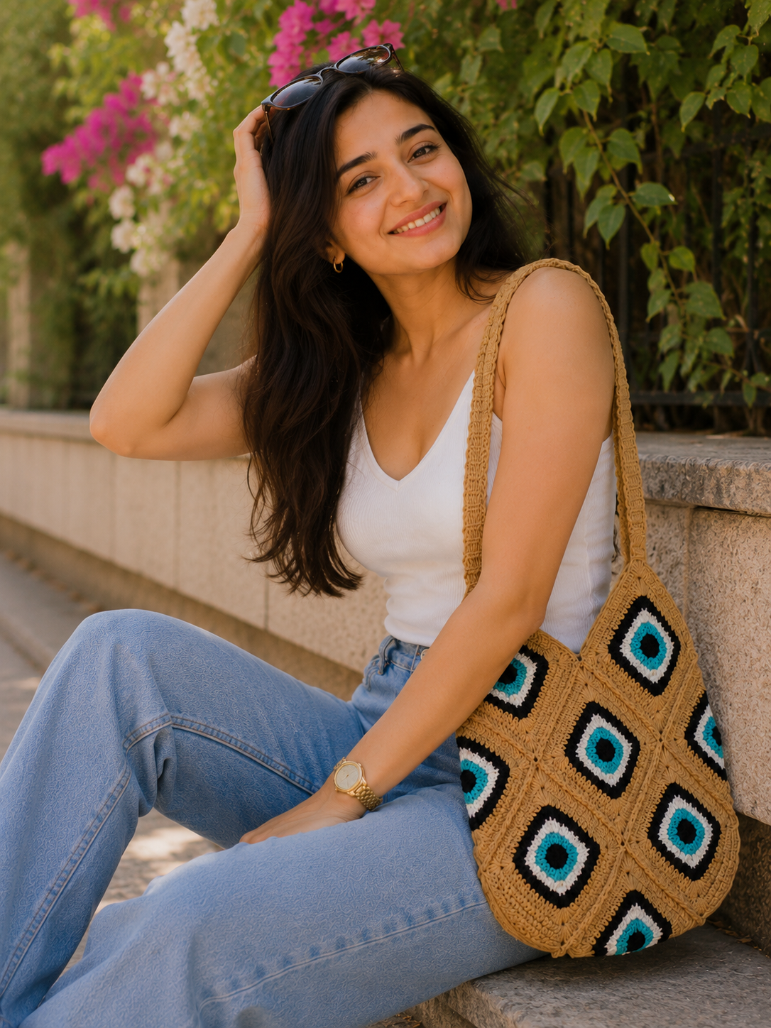 Image of Evil Eye Crochet shoulder Bag Boho beach tote bag