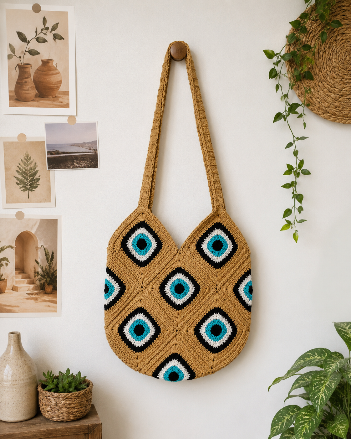 Image of Evil Eye Crochet shoulder Bag Boho beach tote bag
