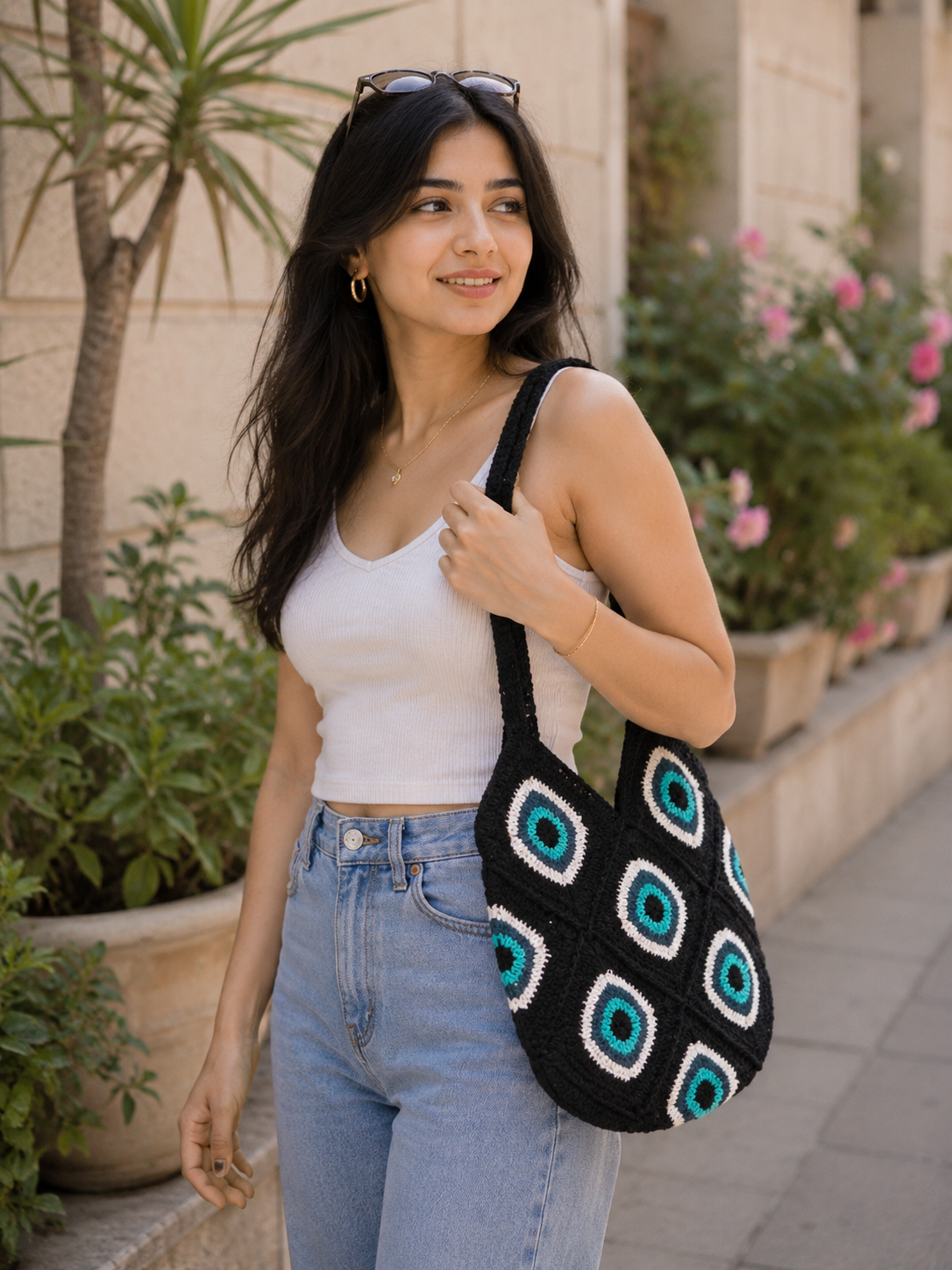 Image of Black Evil Eye Crochet Tote Bag for Women Stylish Cotton Handbag