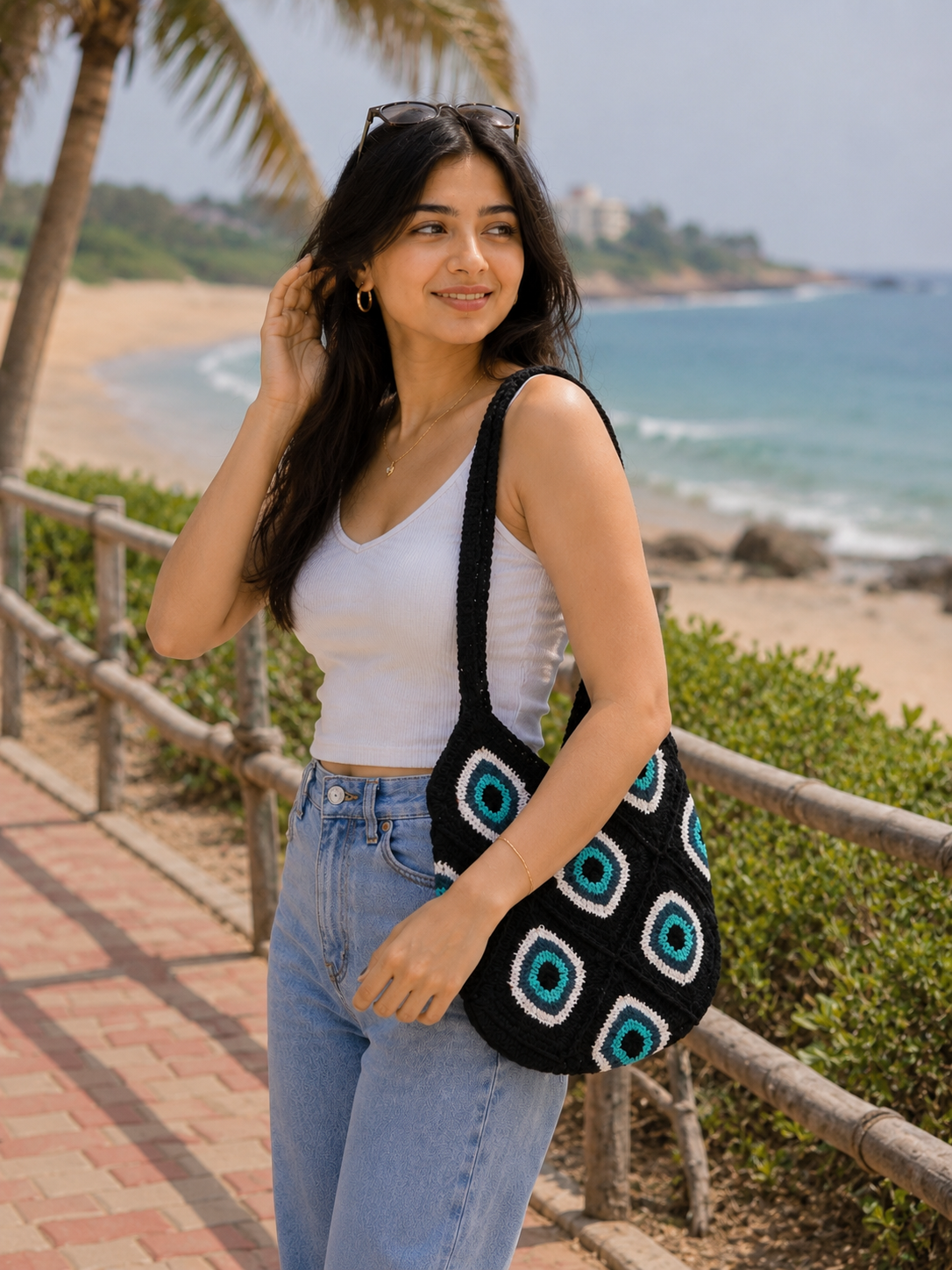Black Evil Eye Crochet Tote Bag for Women Stylish Cotton Handbag