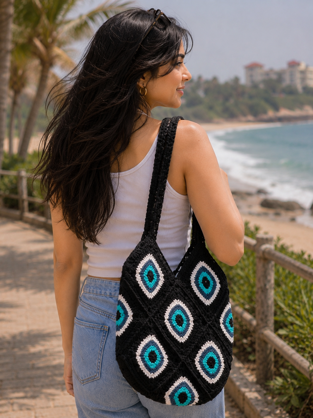 Black Evil Eye Crochet Tote Bag for Women Stylish Cotton Handbag