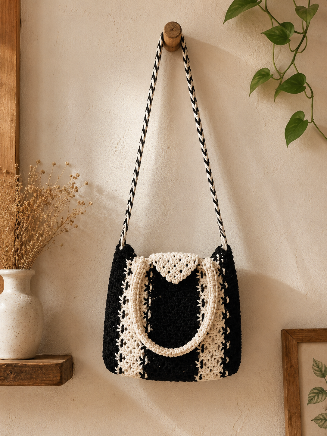 Image of Women's Cotton Crochet Tote Bag Handmade Black & White Shoulder Purse