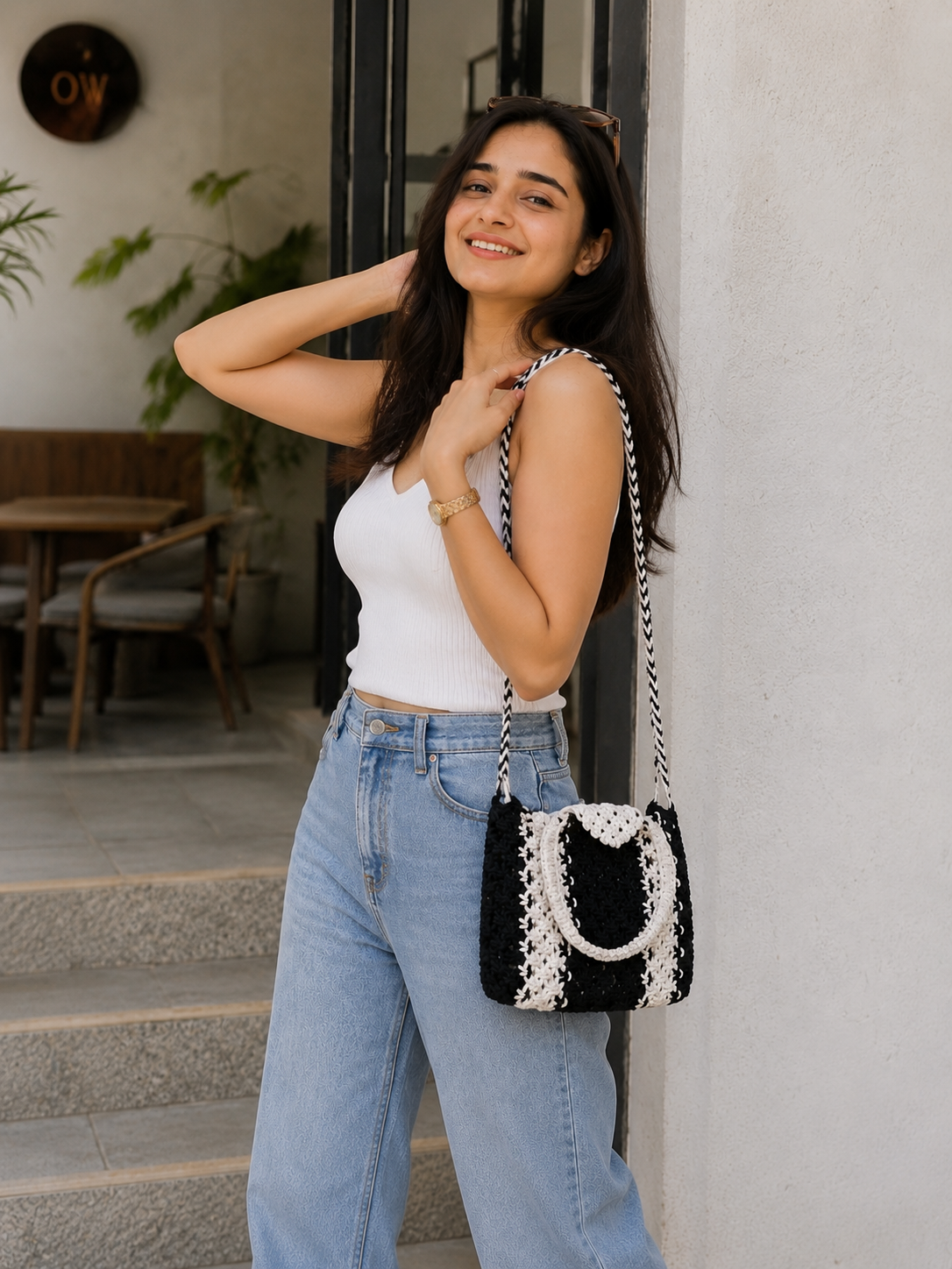 Women's Cotton Crochet Tote Bag Handmade Black & White Shoulder Purse