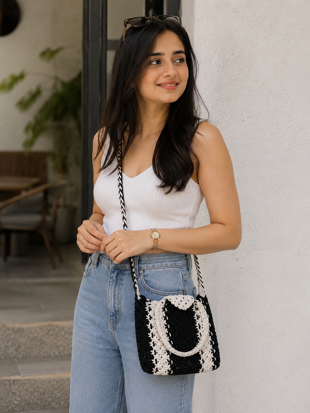 Image of Women's Cotton Crochet Tote Bag Handmade Black & White Shoulder Purse