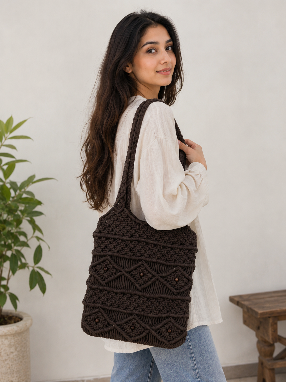 Image of Black Handmade Crochet Shoulder Bag for Women