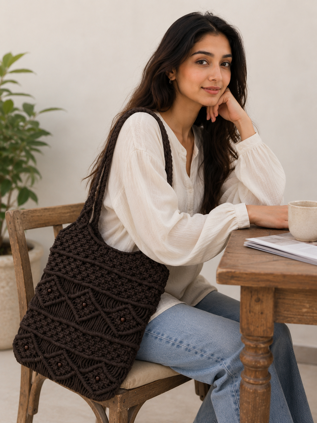 Image of Black Handmade Crochet Shoulder Bag for Women