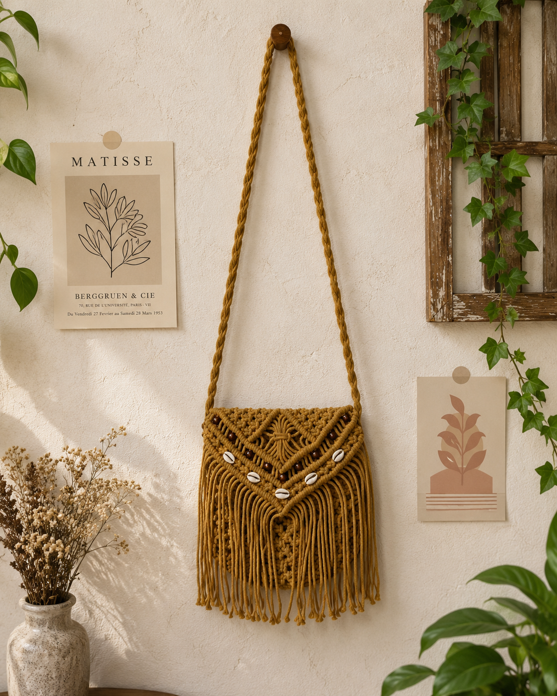 Crochet Boho Fringe Crossbody Bag Macrame Cotton purce for Women