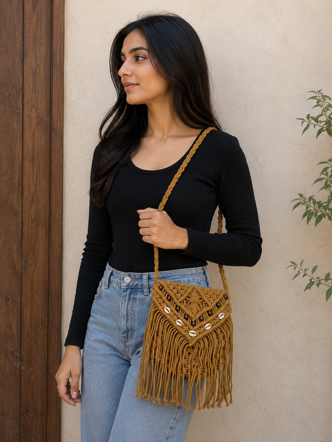 Crochet Boho Fringe Crossbody Bag Macrame Cotton purce for Women