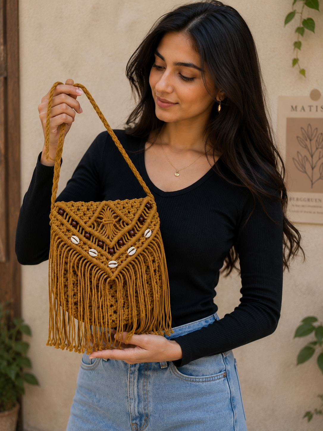 Image of Crochet Boho Fringe Crossbody Bag Macrame Cotton purce for Women