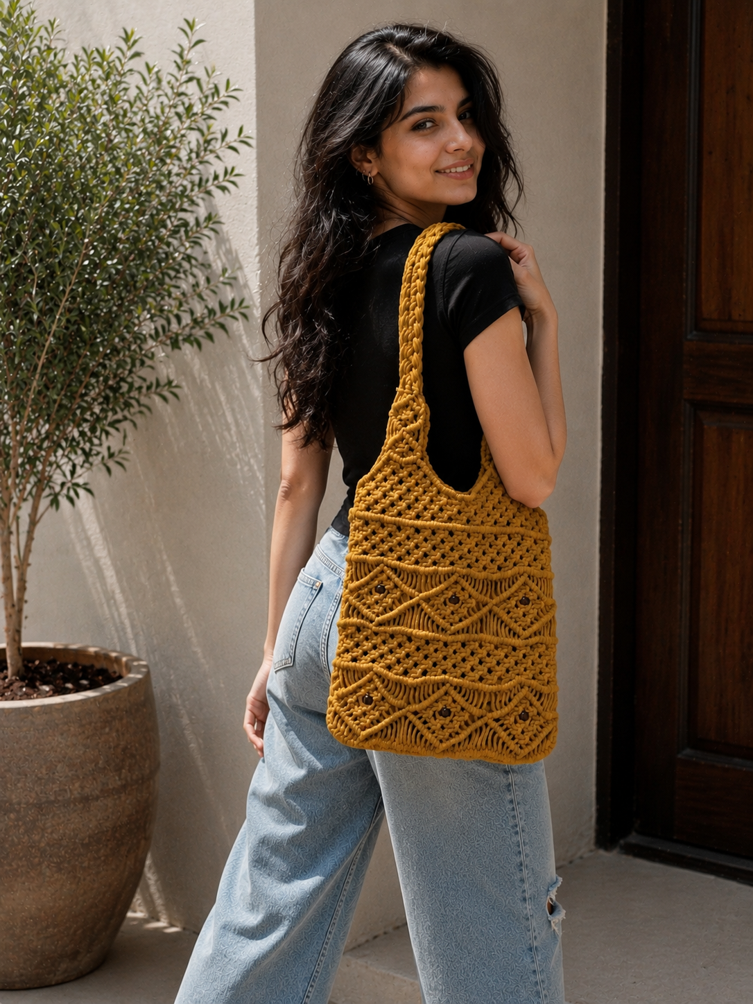 Image of Macrame  Cotton Crochet Tote Bag for Everyday Use