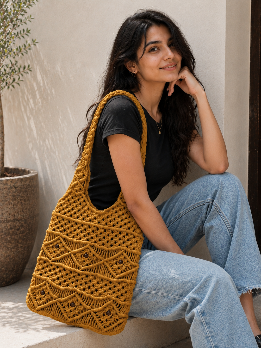 Image of Macrame  Cotton Crochet Tote Bag for Everyday Use