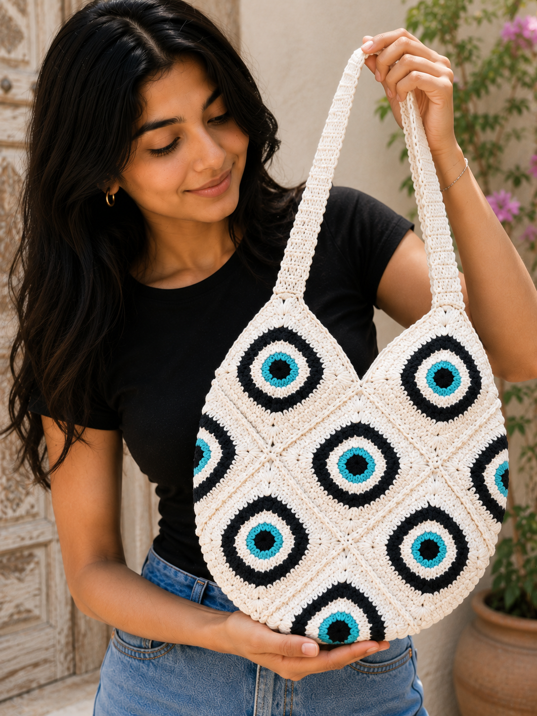 Image of Evil Eye Macrame Tote Bag Cotton Crochet Shoulder Purse