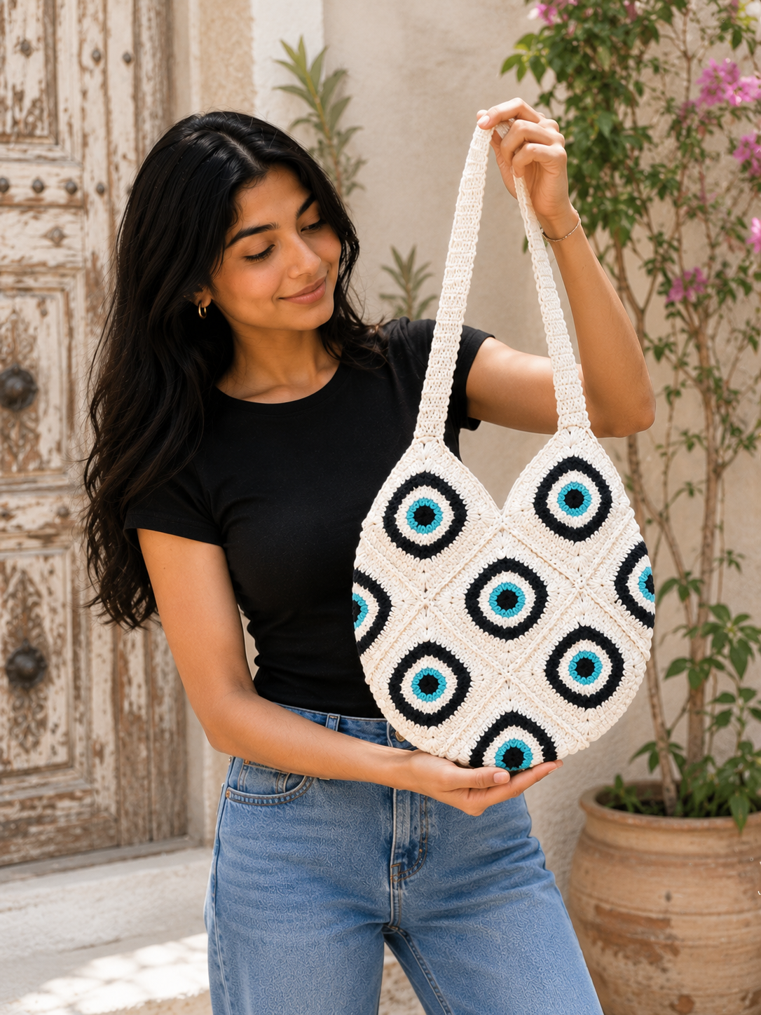 Image of Evil Eye Macrame Tote Bag Cotton Crochet Shoulder Purse