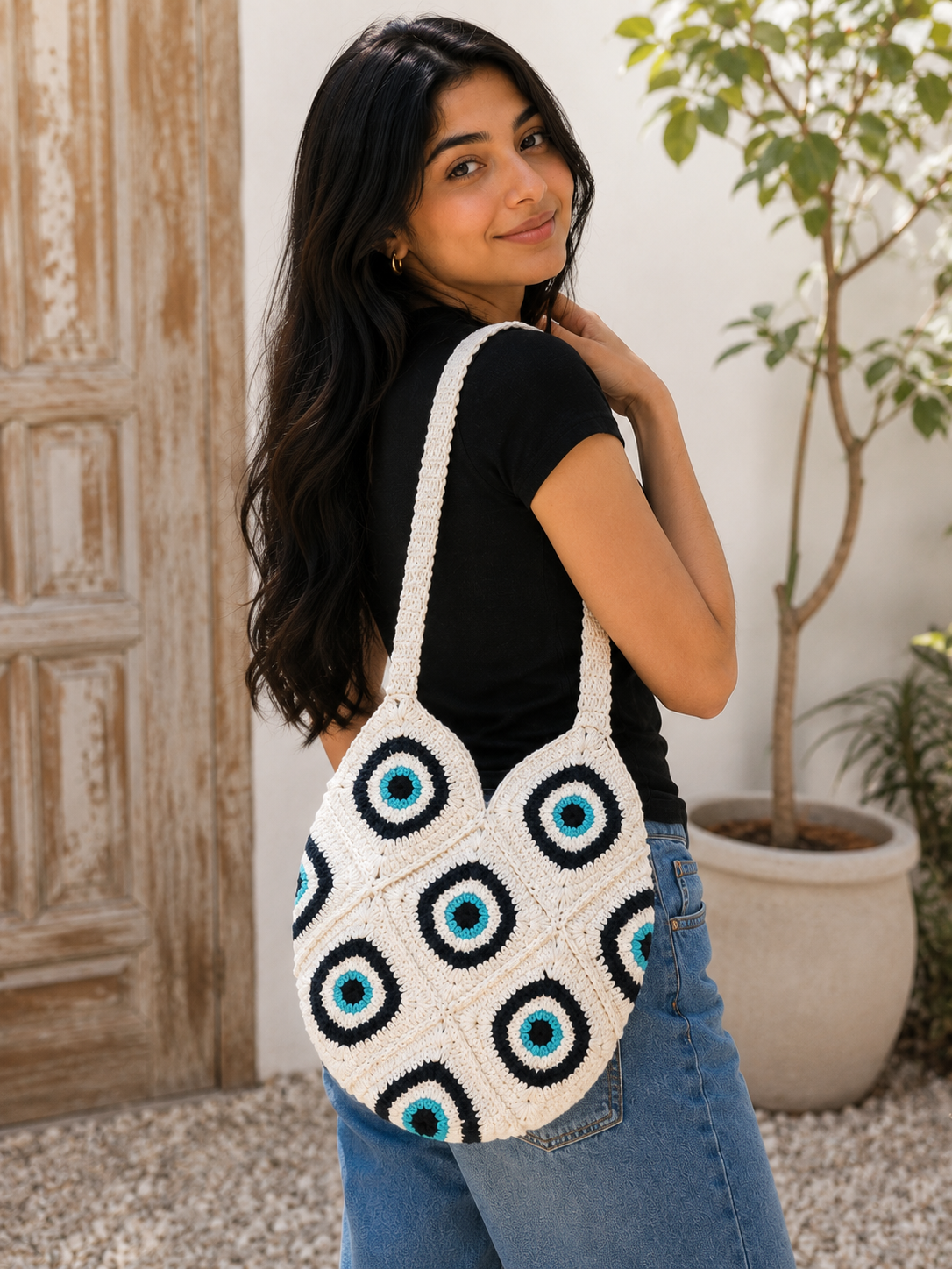 Evil Eye Macrame Tote Bag Cotton Crochet Shoulder Purse