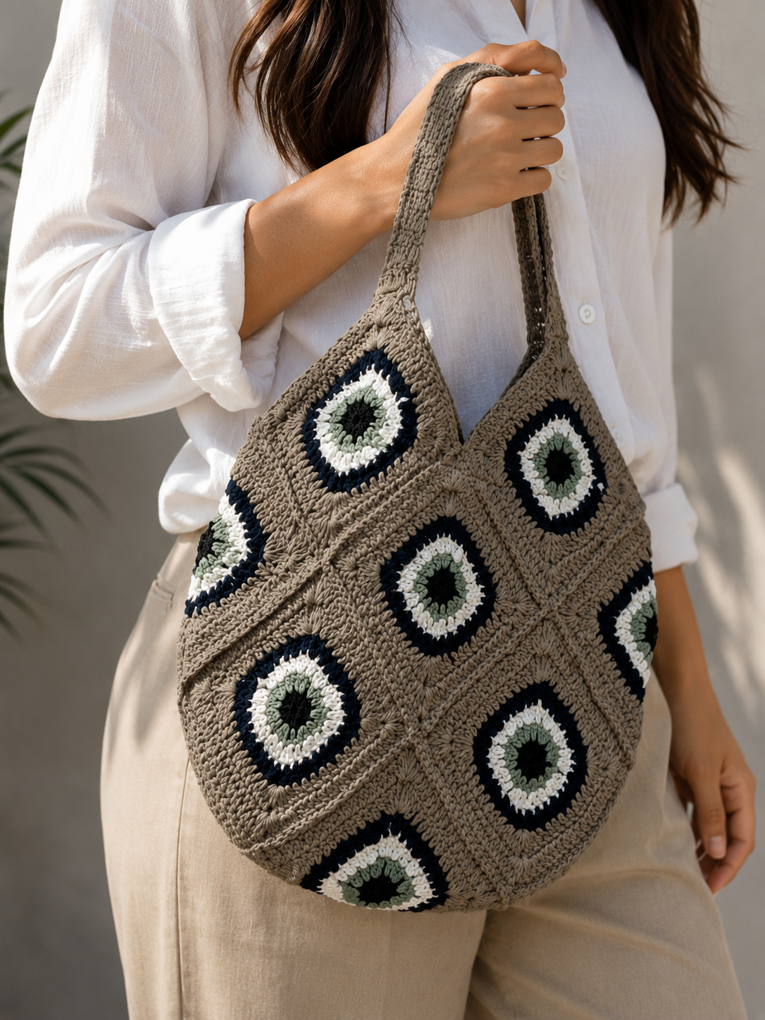Image of Bohemian Handmade Cotton Macrame Tote Crochet Handbag