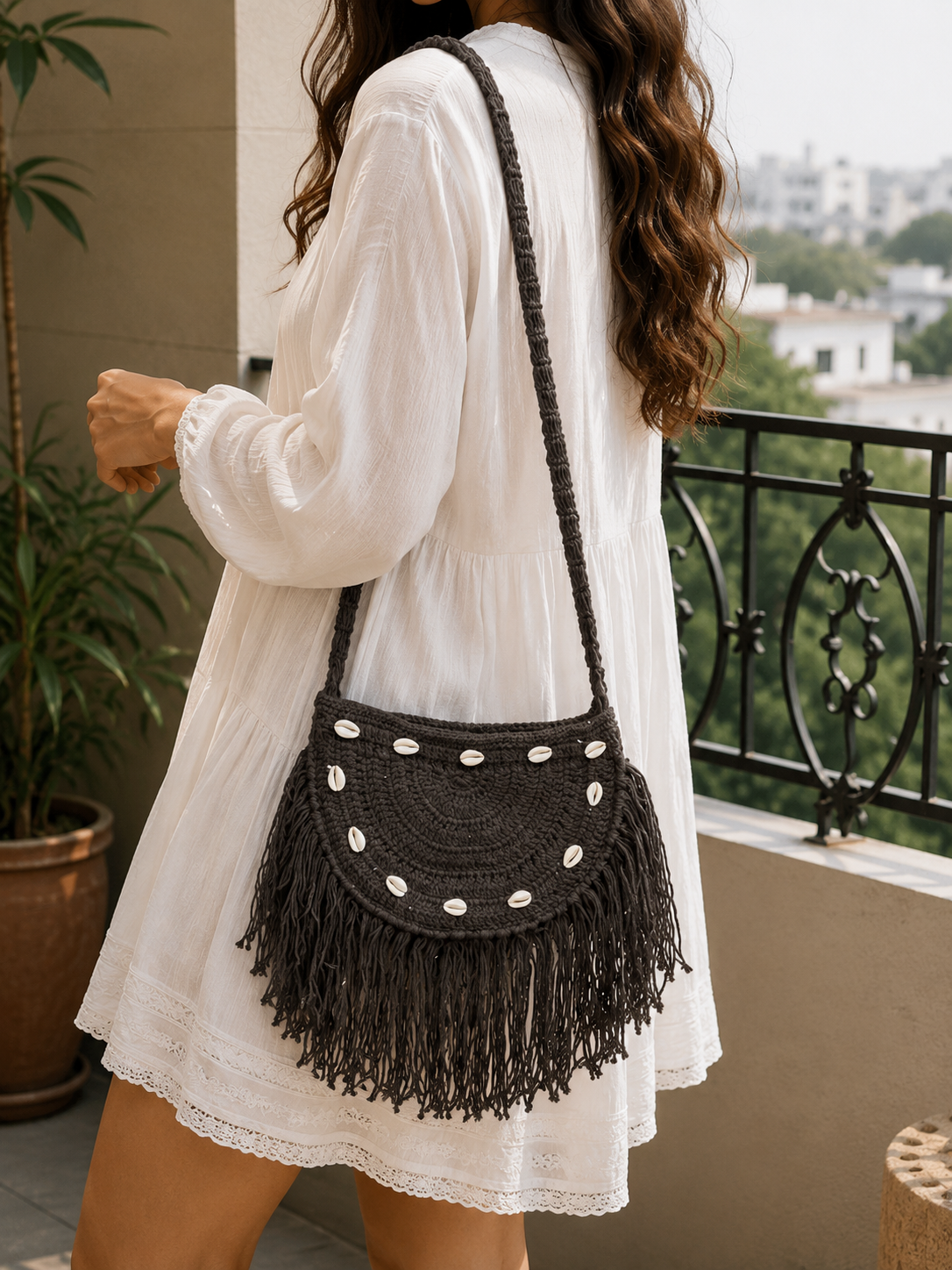 Image of Black Crochet Bag Handmade Boho Fringe Shoulder Handbag