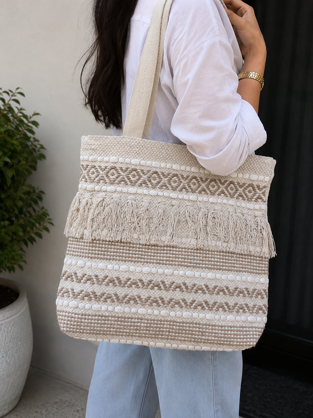 Image of Handmade Stylish Boho Fringe collage bag Cotton Tote Bag for Women