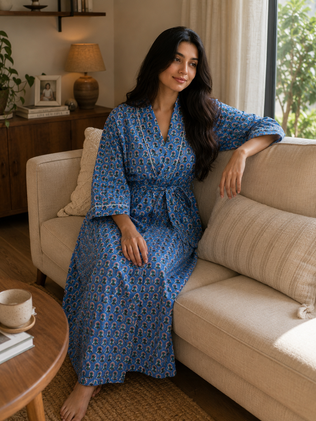 Floral Block Print Cotton Kimono Robe, Handmade Lightweight Beach Cover-up