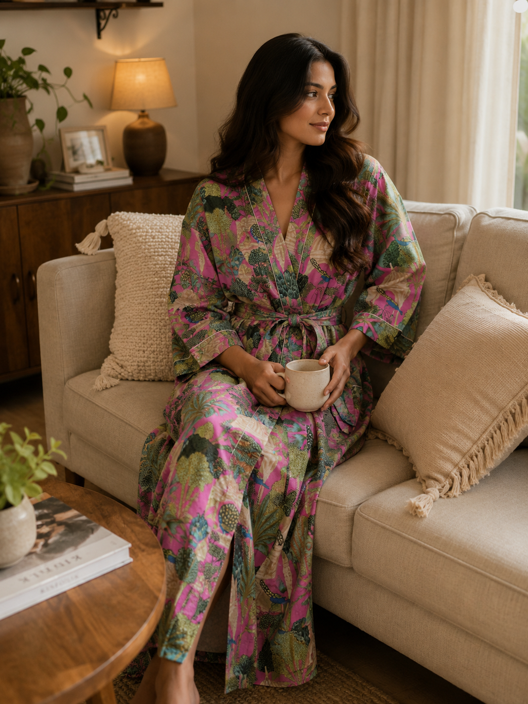 Pink Floral Cotton Kimono Robe Hand Block Print Loungewear