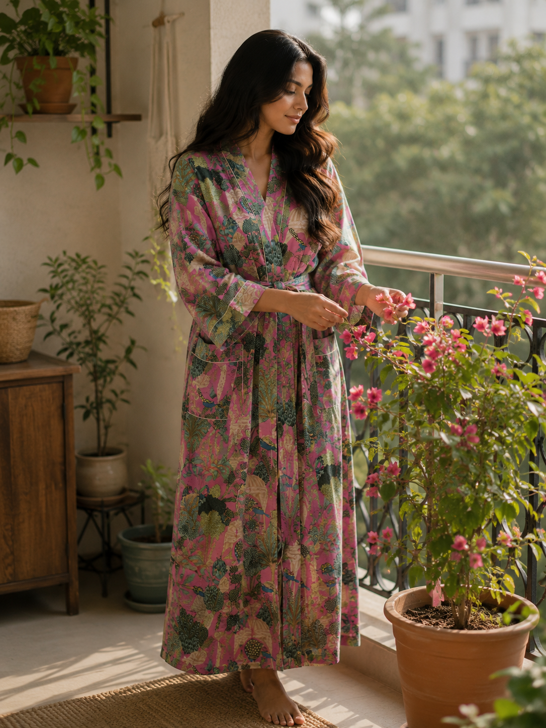 Pink Floral Cotton Kimono Robe Hand Block Print Loungewear