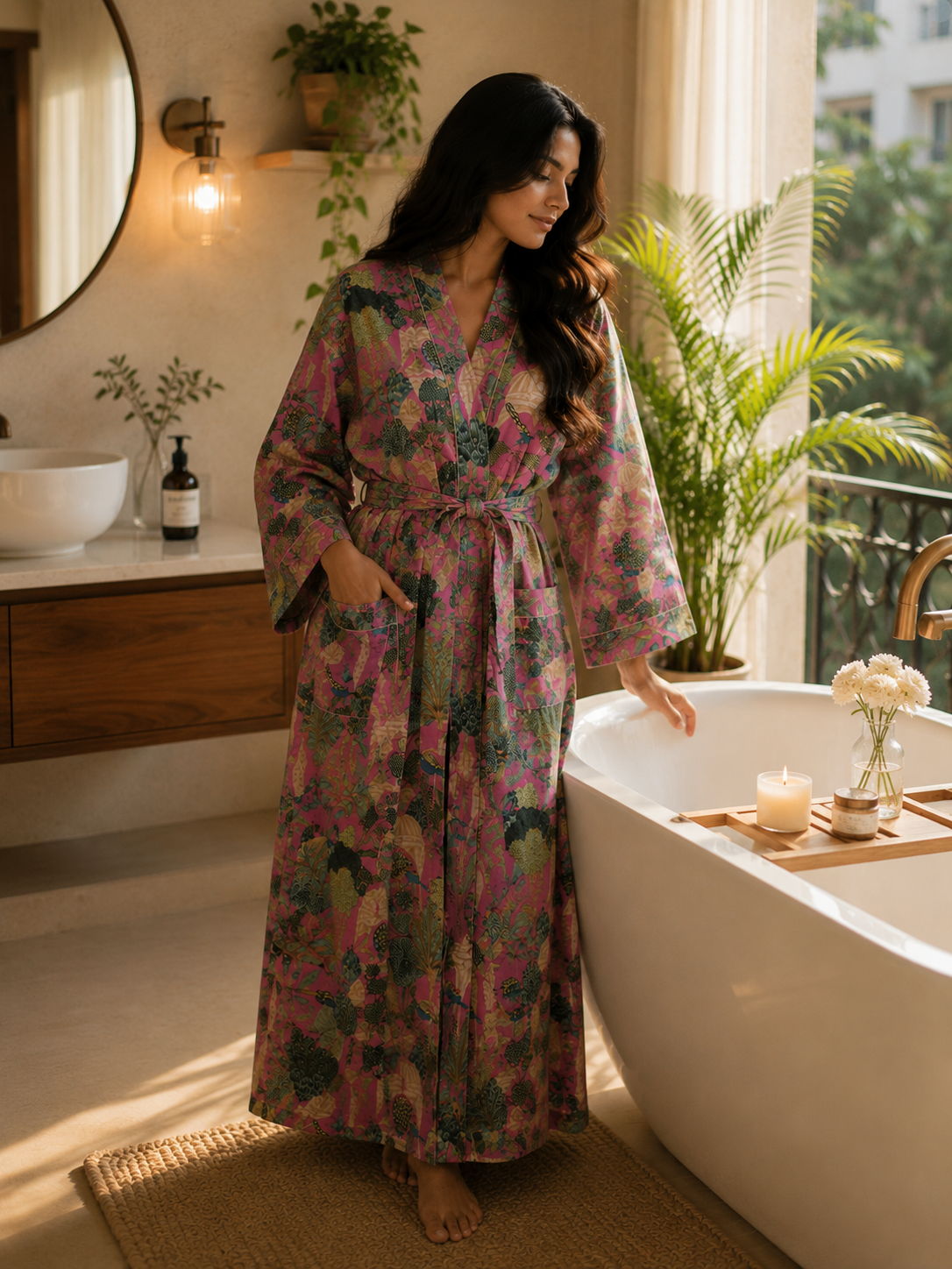 Pink Floral Cotton Kimono Robe Hand Block Print Loungewear