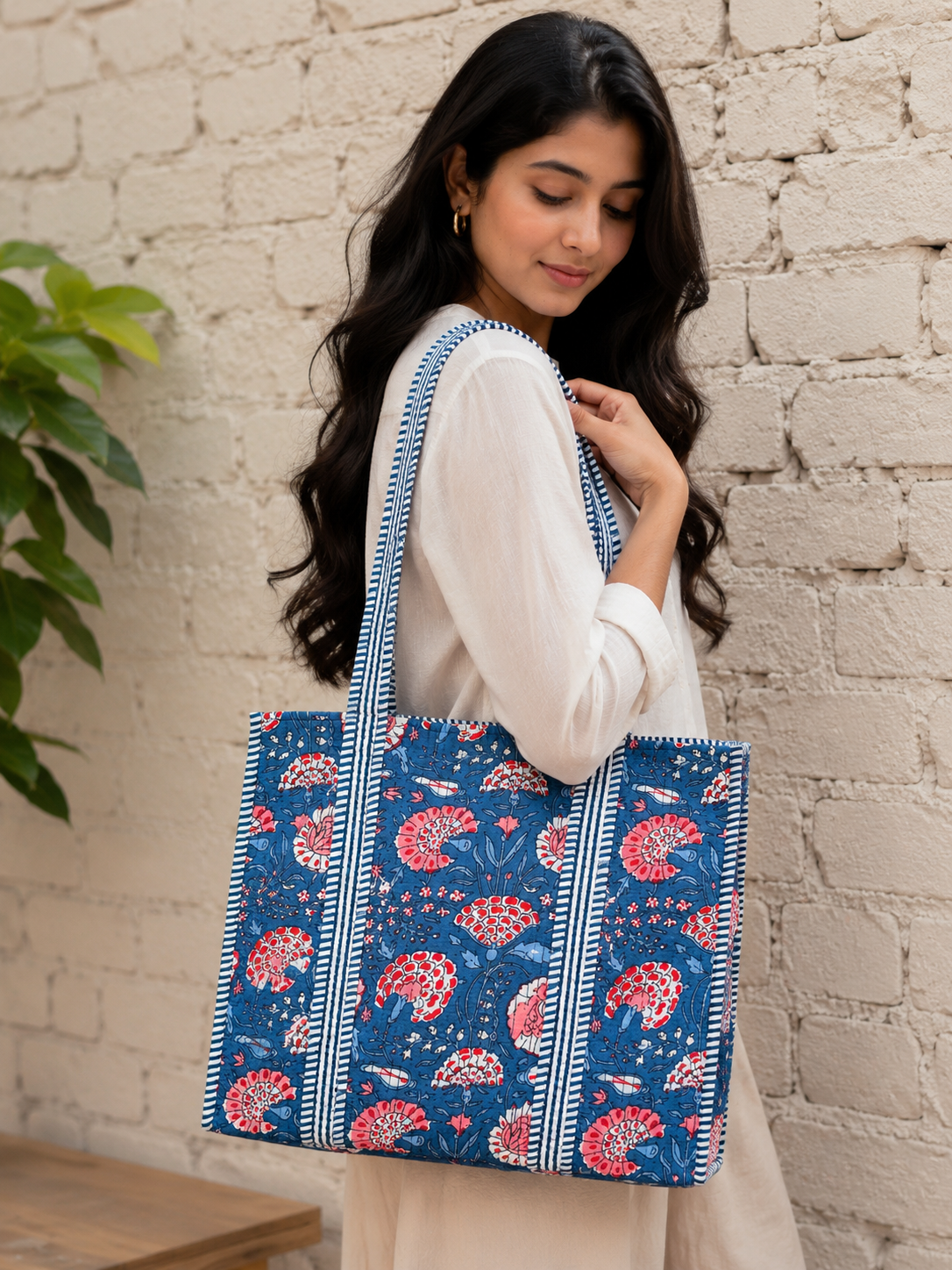 Image of Hand Block Print Quilted Cotton Tote Bag office & Travel Beach Shopper