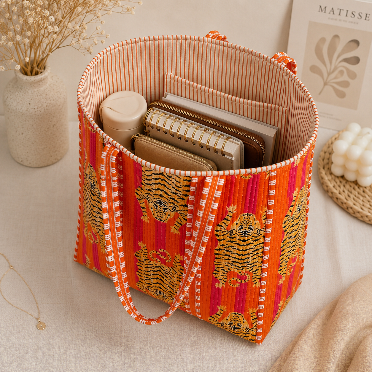 Image of Tiger Print Cotton Tote Bag Handmade Quilted Market Bag