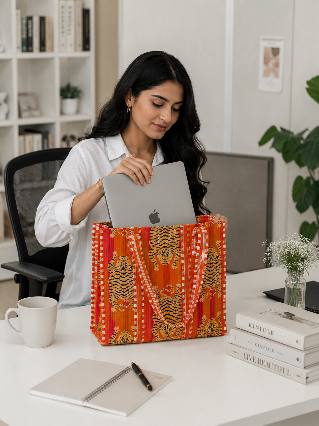Tiger Print Cotton Tote Bag Handmade Quilted Market Bag
