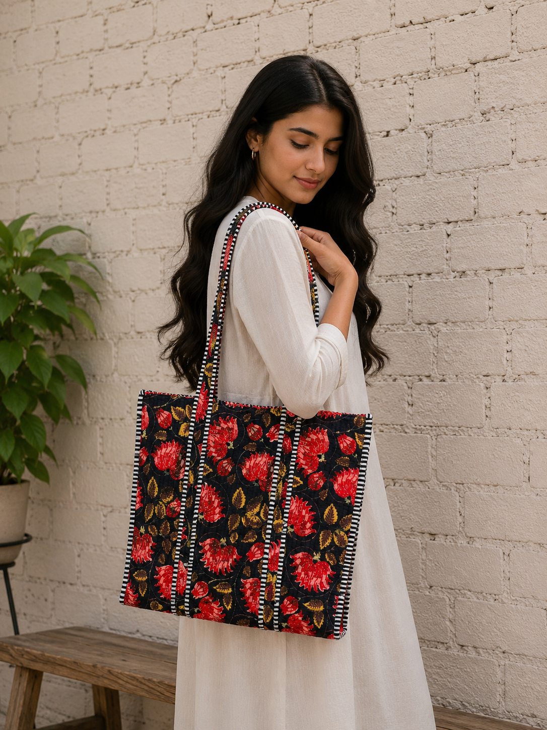 Floral Cotton Quilted Tote Bag Handmade Shoulder Bag Women