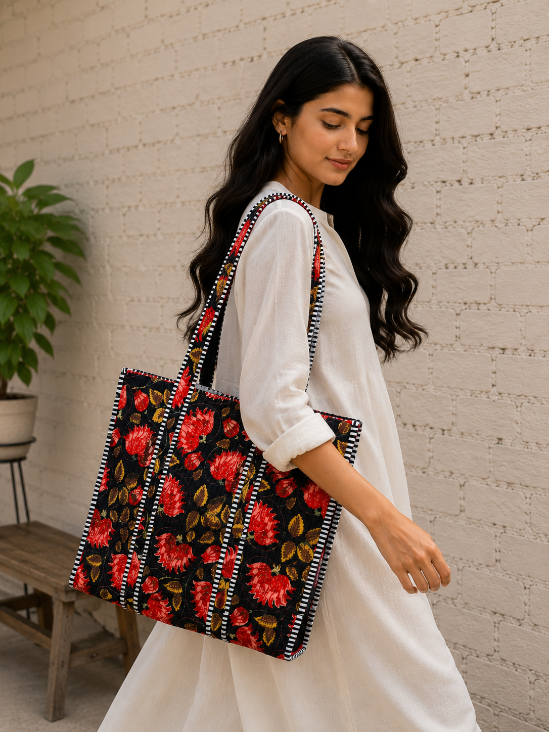 Floral Cotton Quilted Tote Bag Handmade Shoulder Bag Women
