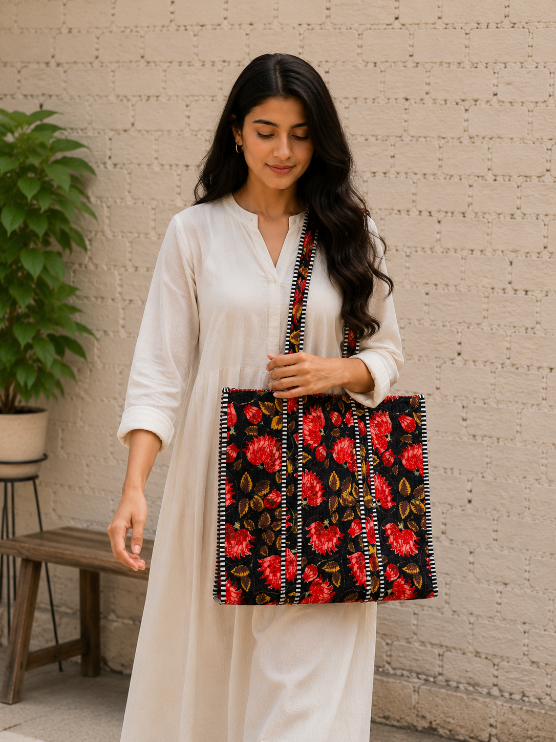 Floral Cotton Quilted Tote Bag Handmade Shoulder Bag Women