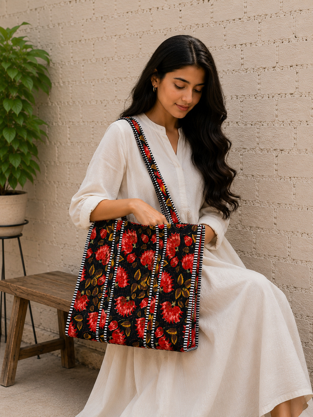 Floral Cotton Quilted Tote Bag Handmade Shoulder Bag Women