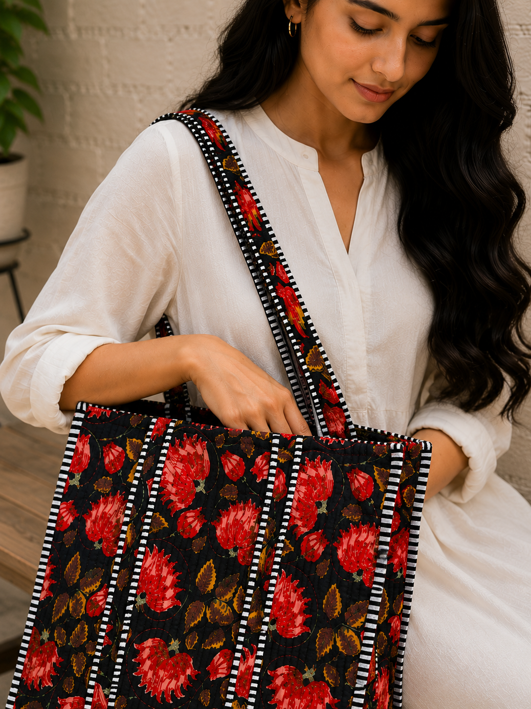 Image of Floral Cotton Quilted Tote Bag Handmade Shoulder Bag Women