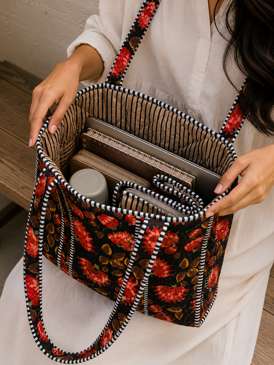 Image of Floral Cotton Quilted Tote Bag Handmade Shoulder Bag Women