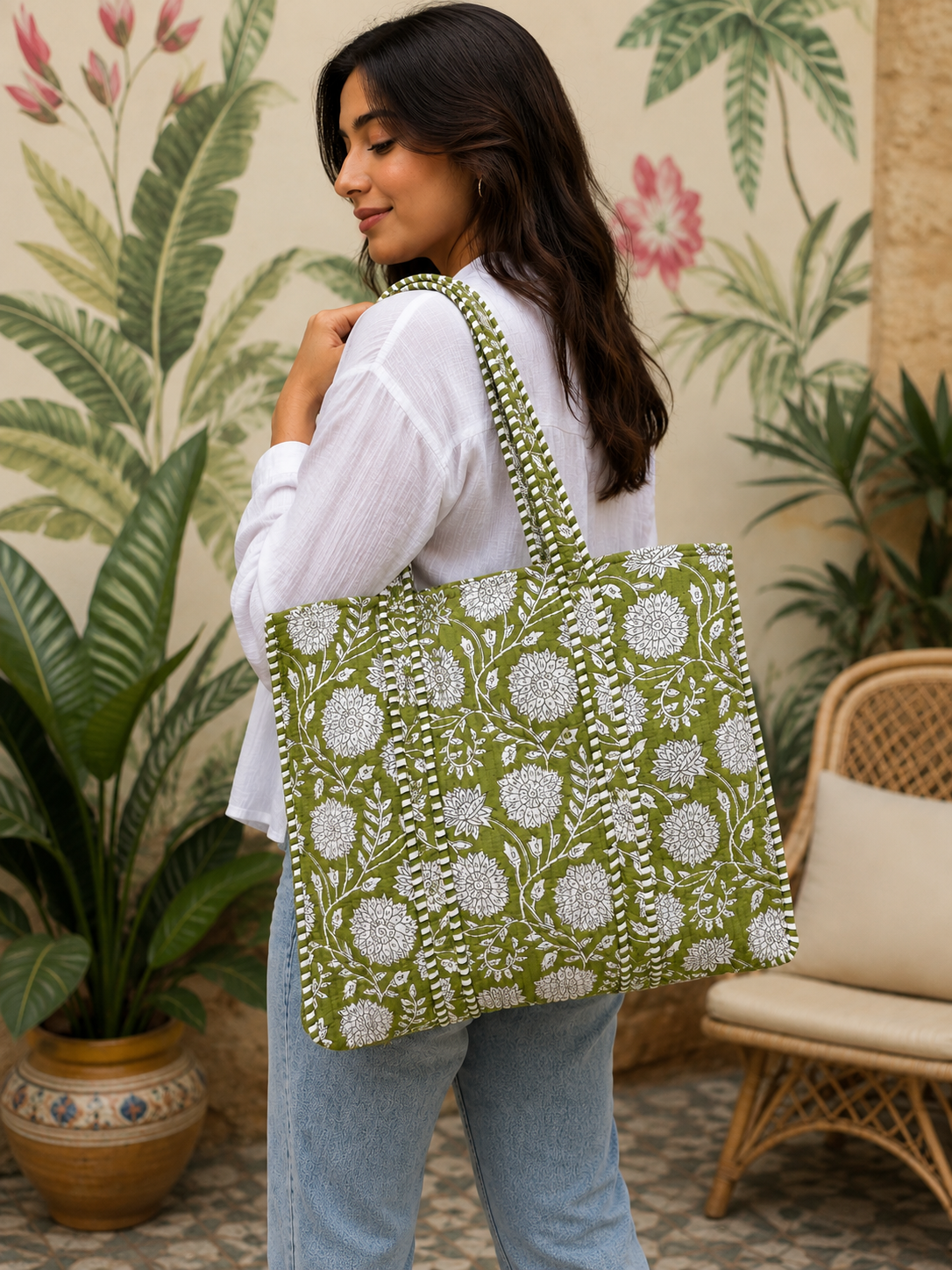 Image of Vintage Floral Tote Bag Quilted Cotton Shoulder Bag for Women