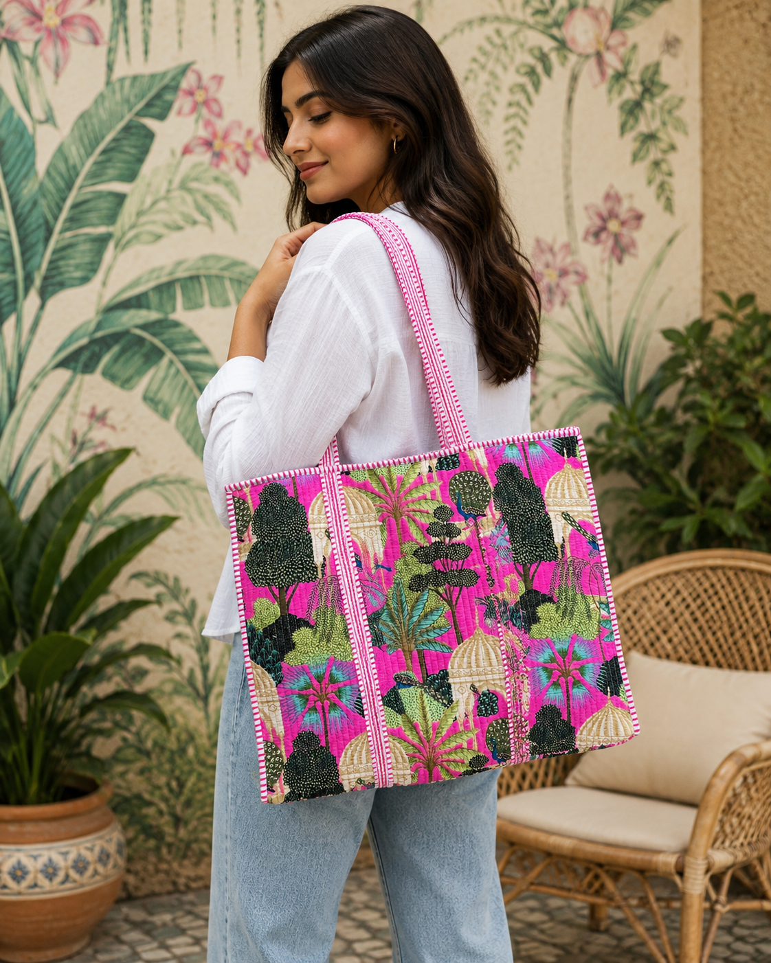 Handmade Floral Print Quilted Cotton Tote Bag Ethnic Market Bag