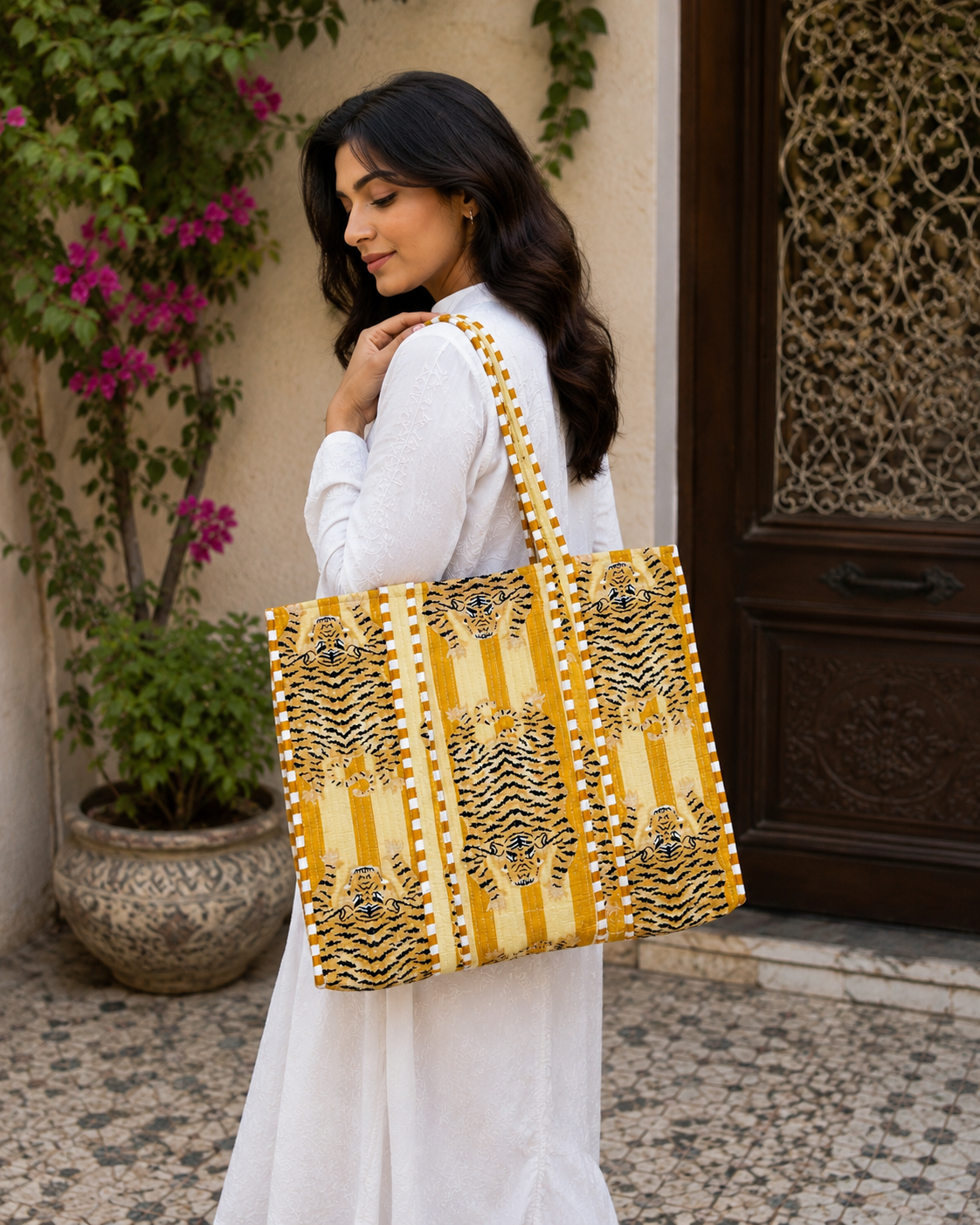 Image of Yellow Cotton Quilted Bag Handmade Tote Bag, Everyday Market Grocery Bag For Women