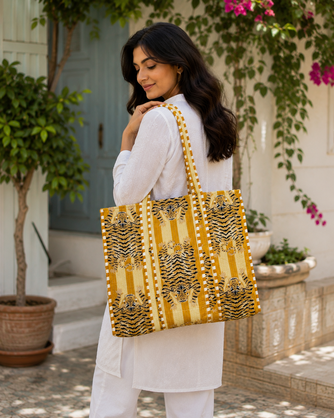 Image of Yellow Cotton Quilted Bag Handmade Tote Bag, Everyday Market Grocery Bag For Women