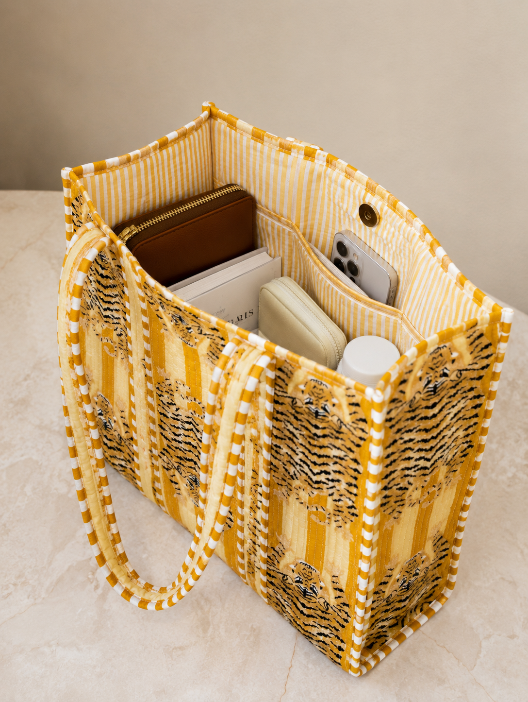 Yellow Cotton Quilted Bag Handmade Tote Bag, Everyday Market Grocery Bag For Women