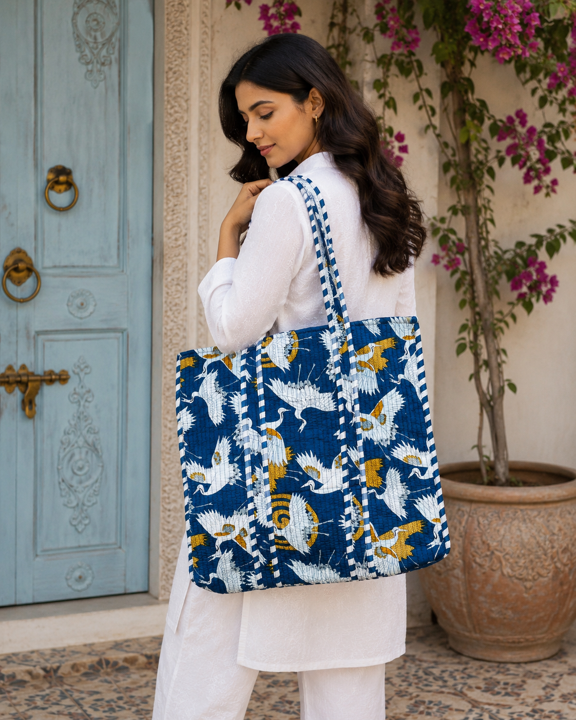 Image of Bird Print Quilted Tote Bag Handmade Cotton Shoulder Bag  For Shopping & Market