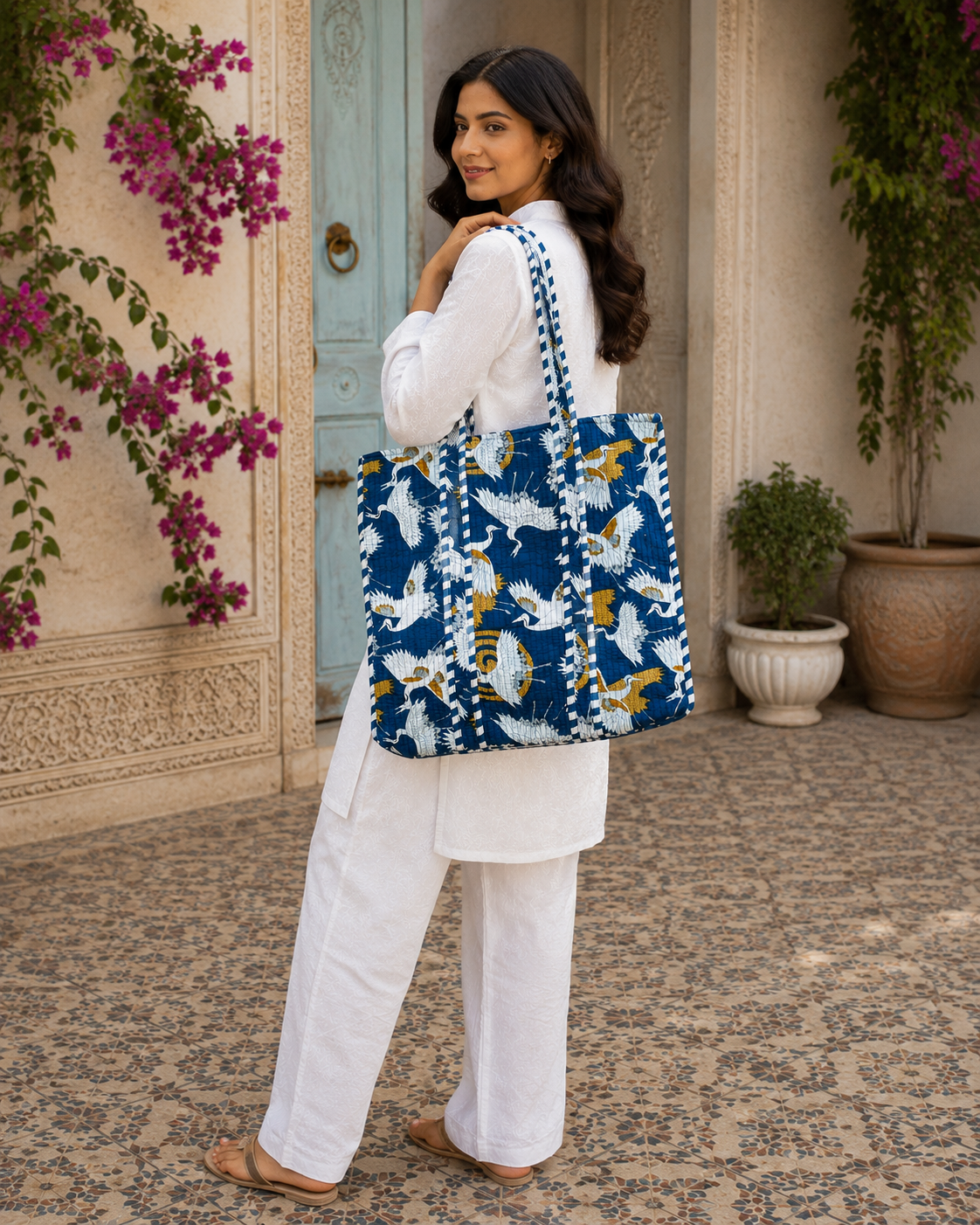 Image of Bird Print Quilted Tote Bag Handmade Cotton Shoulder Bag  For Shopping & Market