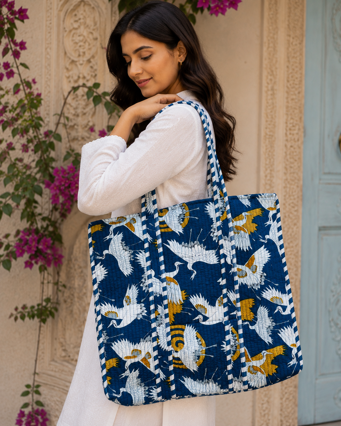 Bird Print Quilted Tote Bag Handmade Cotton Shoulder Bag  For Shopping & Market