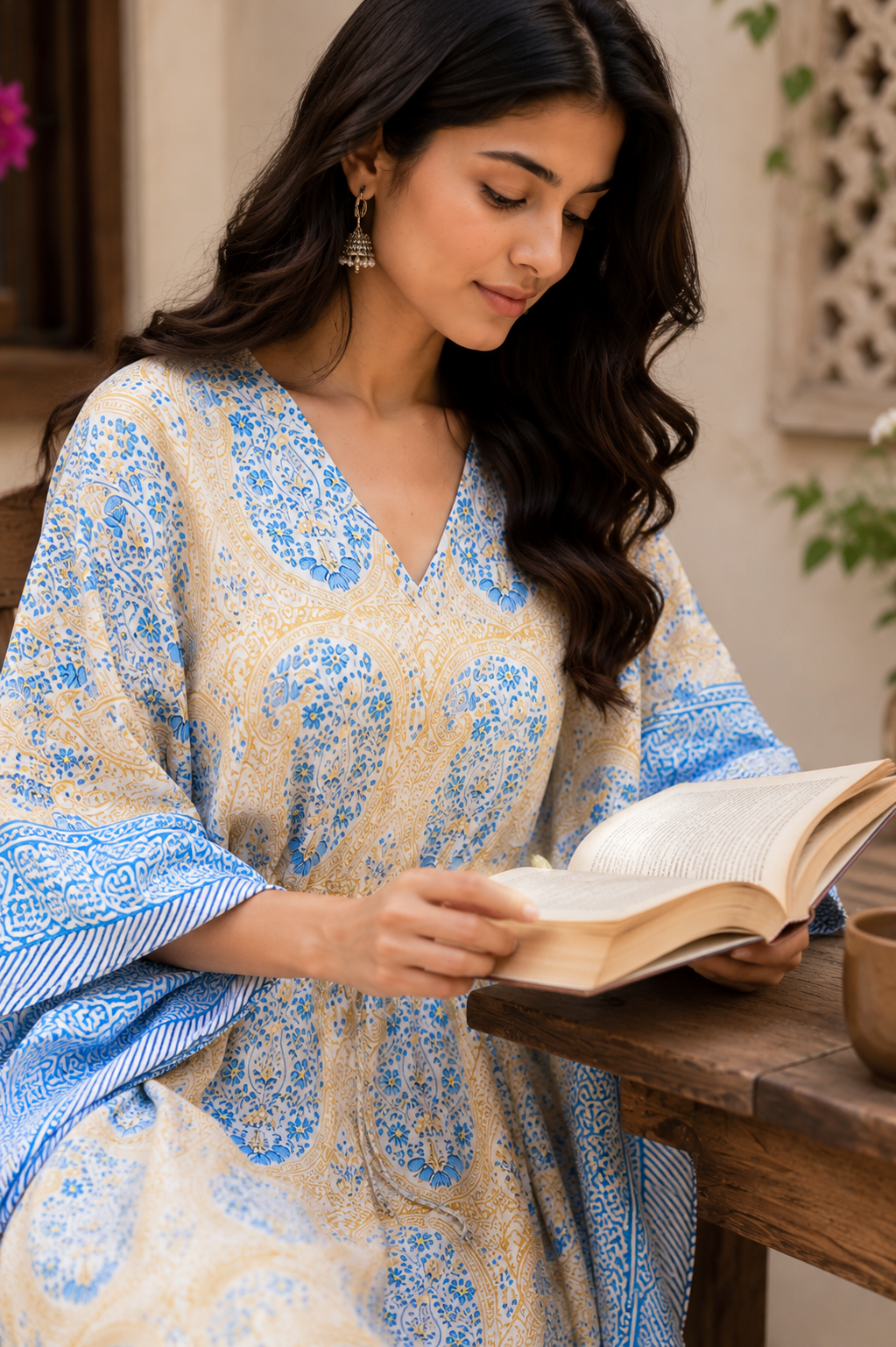 Image of Blue Block Print kaftan Handmade Cotton Beach Cover Up