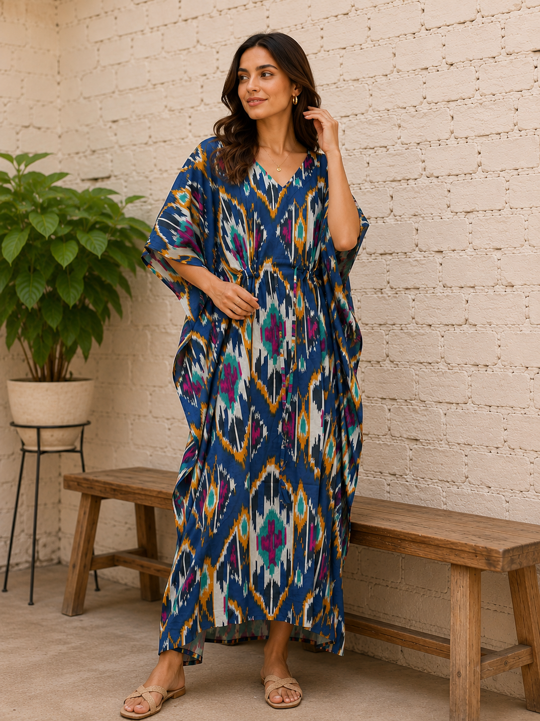 Image of Blue Floral Cotton Kaftan Dress