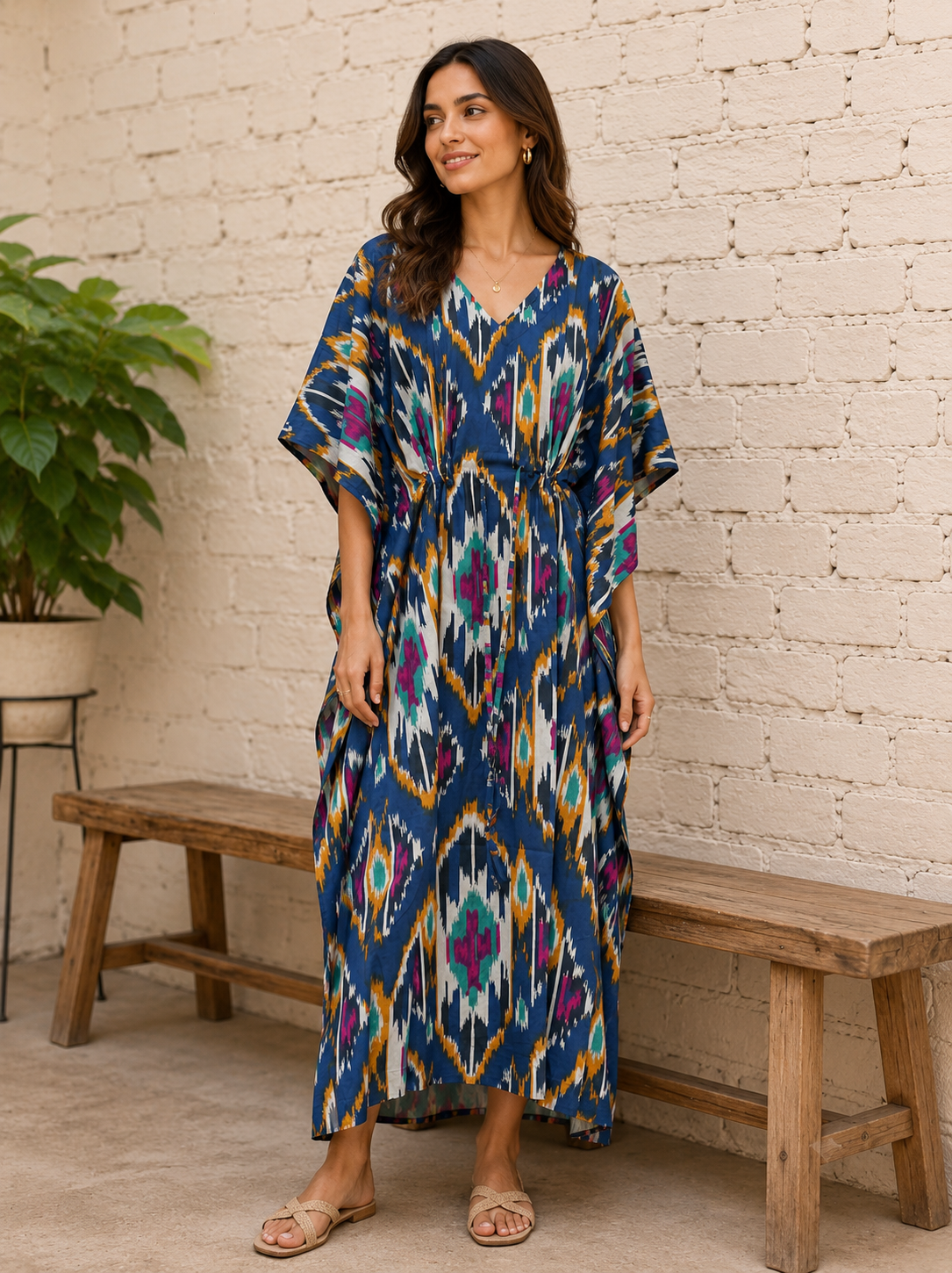 Blue Floral Cotton Kaftan Dress