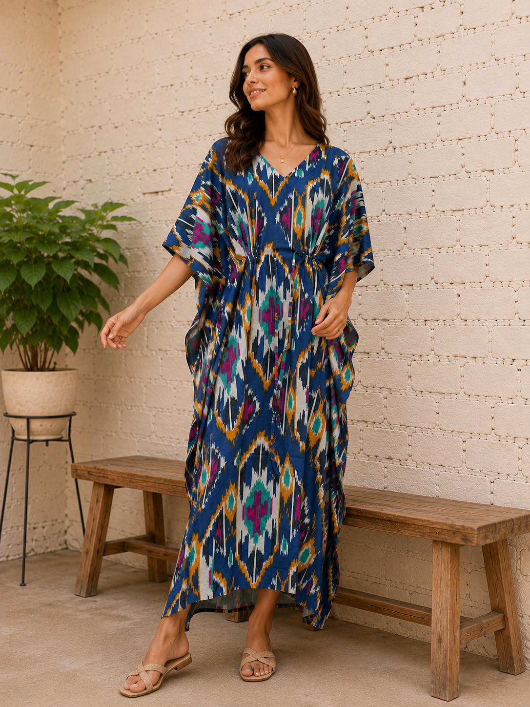 Blue Floral Cotton Kaftan Dress