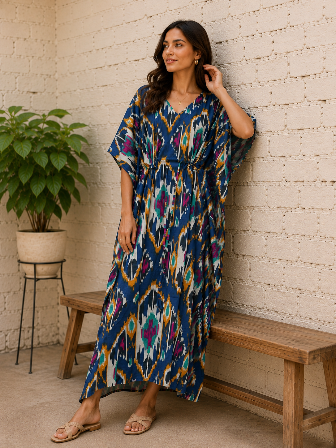 Blue Floral Cotton Kaftan Dress